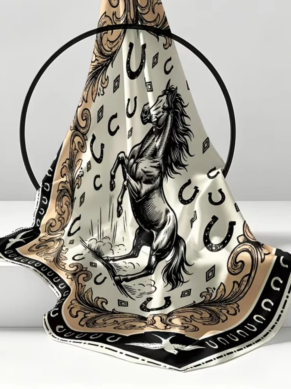 Horse Motif Scarf in Cream, Black & Gold